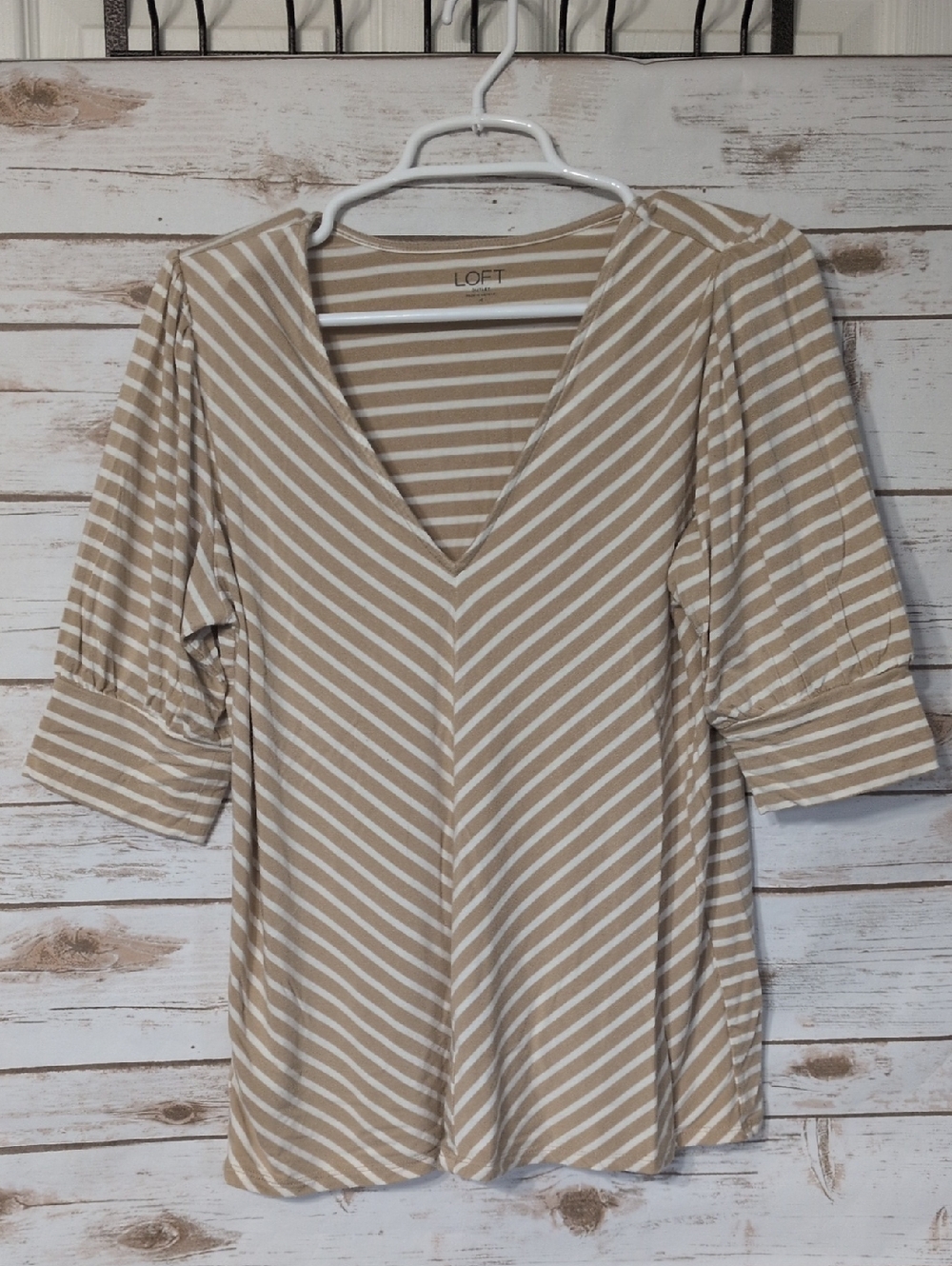 LOFT Beige and White Striped V-Neck Tunic